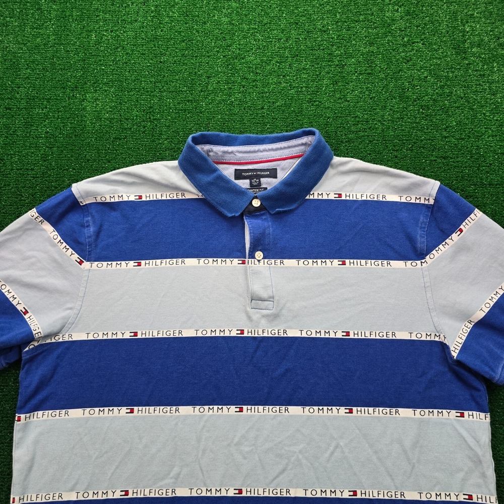 Tommy Hilfiger Pique Polo Shirt Men XL Blue Striped Custom Fit Preppy Golf - Picture 2 of 8